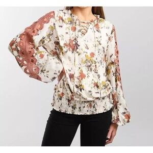 Buckle Cream Floral Lace-Up Peasant Blouse with Mauve Crochet Sleeves